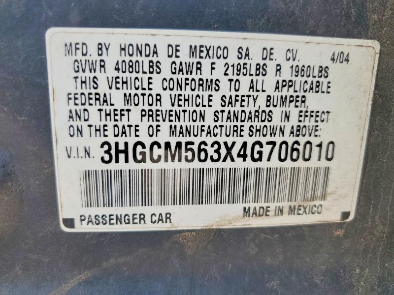 2004 Honda Accord მანქანა იყიდება აუქციონზე, vin: 3HGCM563X4G706010, აუქციონის ნომერი: 50345266