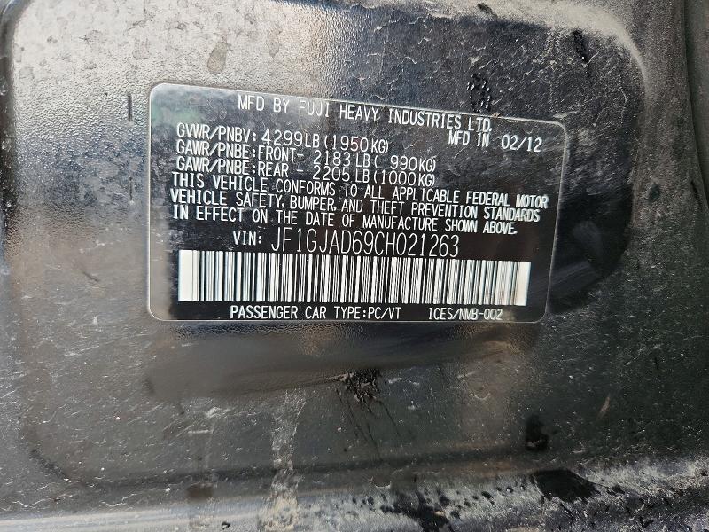 50786436 :رقم المزاد ، JF1GJAD69CH021263 vin ، 2012 Subaru Impreza مزاد بيع