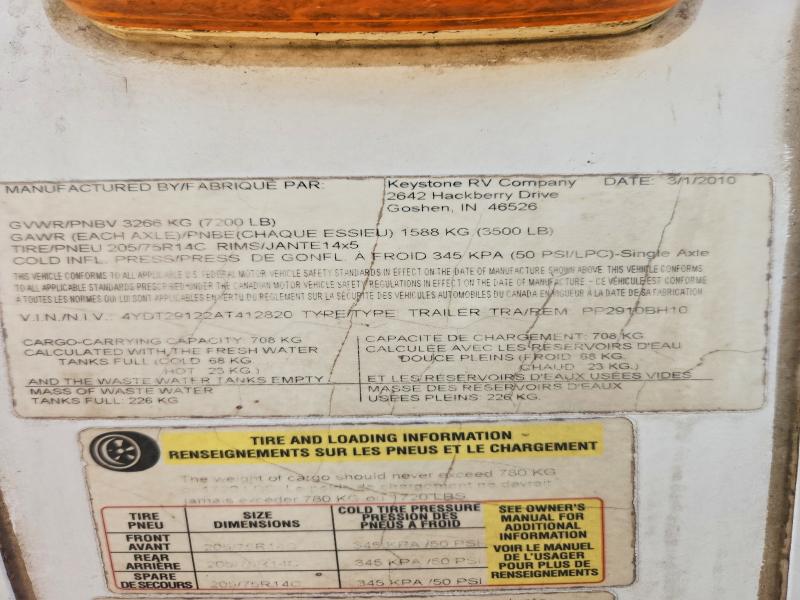50420196 :رقم المزاد ، 4YDT29122AT412820 vin ، 2010 Keystone Passport 291 مزاد بيع