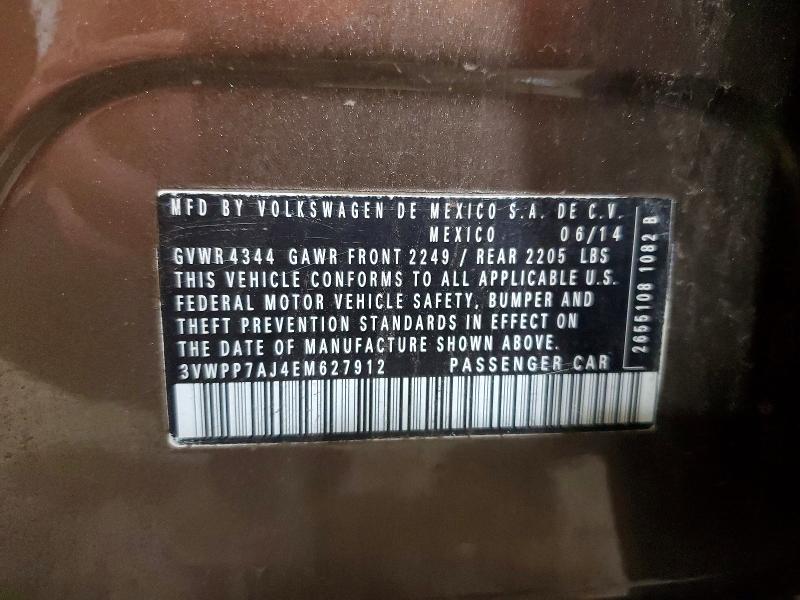 50107436 :رقم المزاد ، 3VWPP7AJ4EM627912 vin ، 2014 Volkswagen Jetta مزاد بيع