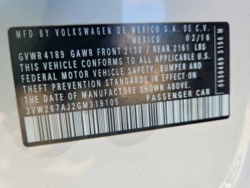 51702116 :رقم المزاد ، 3VW267AJ2GM319105 vin ، 2016 Volkswagen Jetta مزاد بيع
