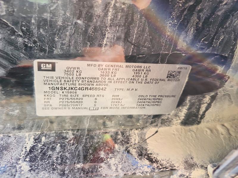 2016 Chevrolet Suburban მანქანა იყიდება აუქციონზე, vin: 1GNSKJKC4GR468942, აუქციონის ნომერი: 50660046