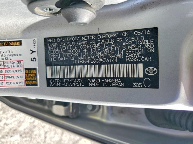 Aukcja sprzedaży 2016 Toyota Prius, vin: JTDKBRFU8G3526144, numer aukcji: 49754656