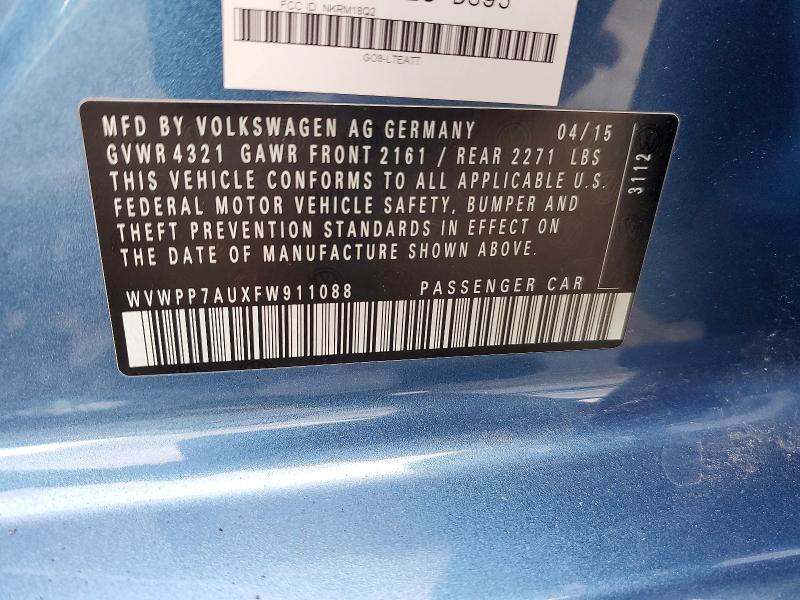 50001306 :رقم المزاد ، WVWPP7AUXFW911088 vin ، 2015 Volkswagen E-golf مزاد بيع