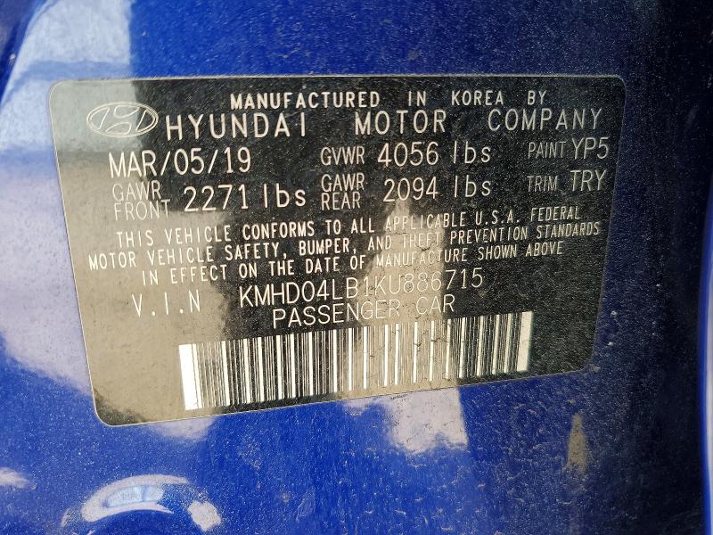 48909576 :رقم المزاد ، KMHD04LB1KU886715 vin ، 2019 Hyundai Elantra مزاد بيع