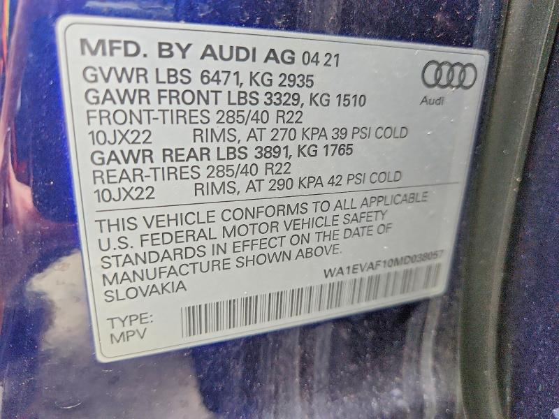 Aukcja sprzedaży 2021 Audi Q8, vin: WA1EVAF10MD038057, numer aukcji: 51002306