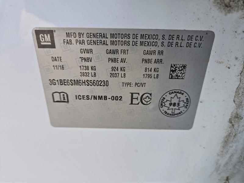 2017 Chevrolet Cruze მანქანა იყიდება აუქციონზე, vin: 3G1BE6SM6HS560230, აუქციონის ნომერი: 50469126