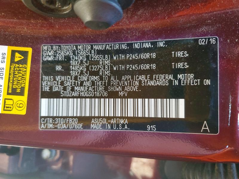 Aukcja sprzedaży 2016 Toyota Highlander, vin: 5TDZARFH0GS018706, numer aukcji: 51076716
