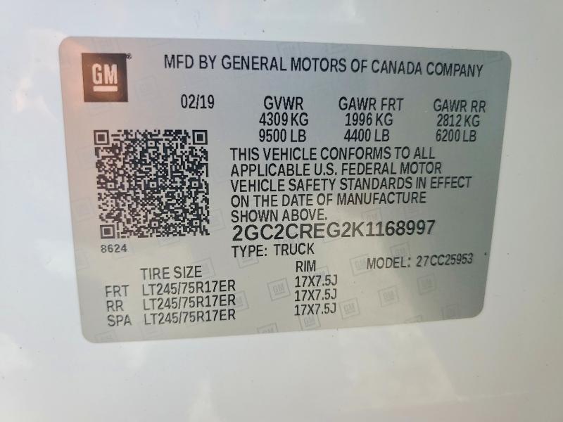 51178456 :رقم المزاد ، 2GC2CREG2K1168997 vin ، 2019 Chevrolet Silverado مزاد بيع