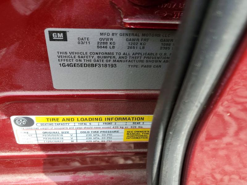 Auction sale of the 2011 Buick Lacrosse, vin: 1G4GE5ED8BF318193, lot number: 48942766