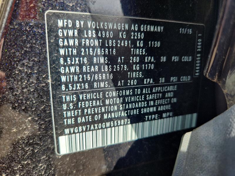 50899166 :رقم المزاد ، WVGBV7AX0GW559873 vin ، 2016 Volkswagen Tiguan مزاد بيع