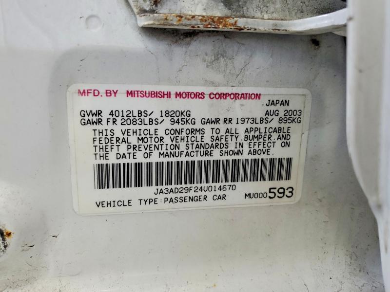 Aukcja sprzedaży 2004 Mitsubishi Lancer, vin: JA3AD29F24U014670, numer aukcji: 50405556