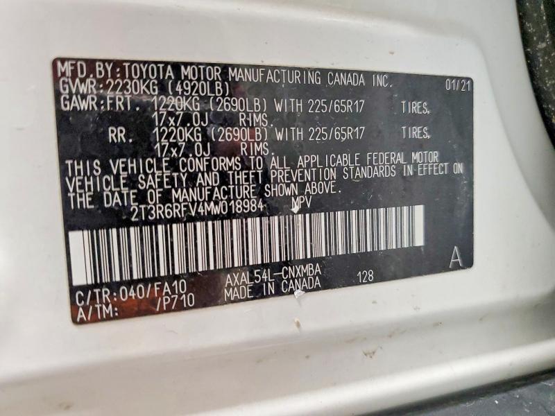 Aukcja sprzedaży 2021 Toyota Rav4 Hybrid, vin: 2T3R6RFV4MW018984, numer aukcji: 51819376