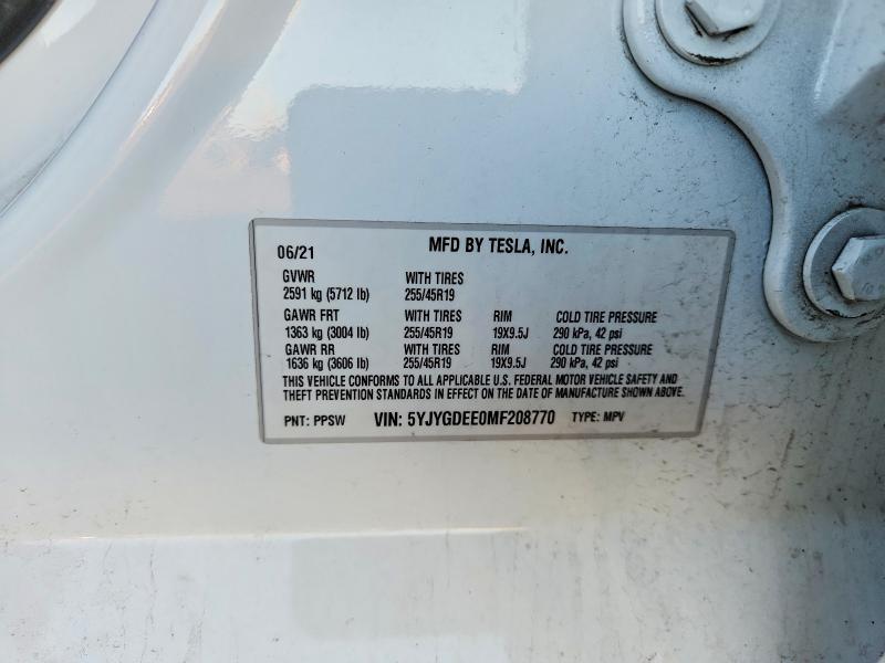 48339566 :رقم المزاد ، 5YJYGDEE0MF208770 vin ، 2021 Tesla Model Y مزاد بيع