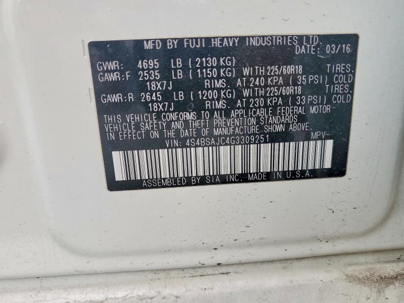 Продаж на аукціоні авто 2016 Subaru Outback, vin: 4S4BSAJC4G3309251, номер лоту: 50942186