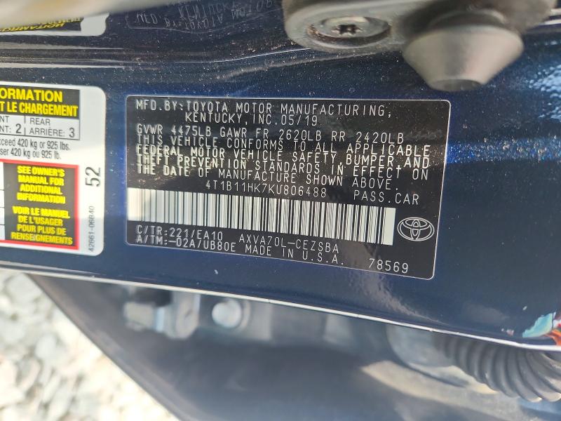 2019 Toyota Camry მანქანა იყიდება აუქციონზე, vin: 4T1B11HK7KU806488, აუქციონის ნომერი: 51812296