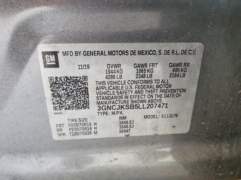 50037506 :رقم المزاد ، 3GNCJKSB5LL207471 vin ، 2020 Chevrolet Trax مزاد بيع