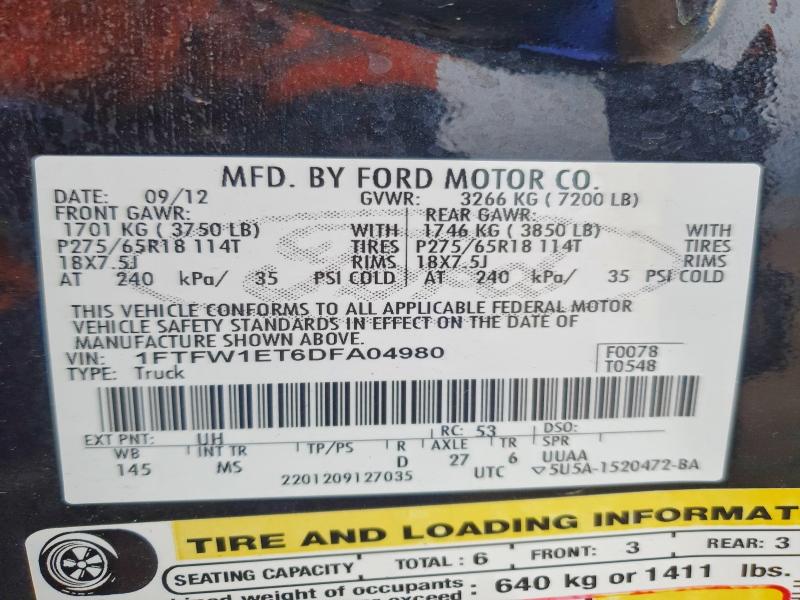 2013 Ford F150 მანქანა იყიდება აუქციონზე, vin: 1FTFW1ET6DFA04980, აუქციონის ნომერი: 51636896