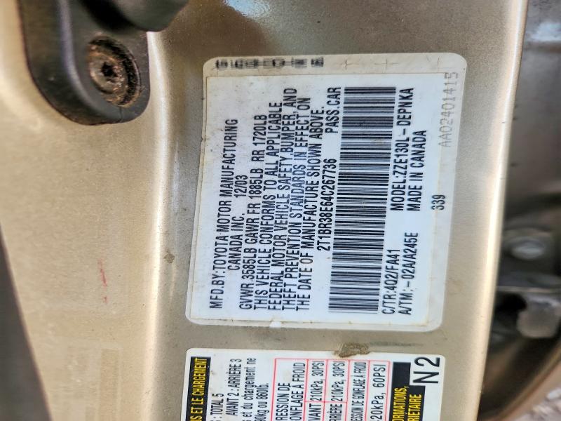 Auction sale of the 2004 Toyota Corolla, vin: 2T1BR38E64C267736, lot number: 50569736