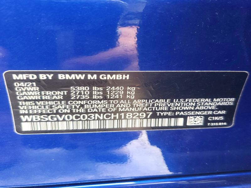 49313646 :رقم المزاد ، WBSGV0C03NCH18297 vin ، 2022 Bmw M8 مزاد بيع