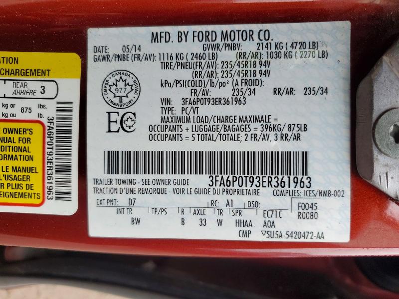 Aukcja sprzedaży 2014 Ford Fusion, vin: 3FA6P0T93ER361963, numer aukcji: 47910606