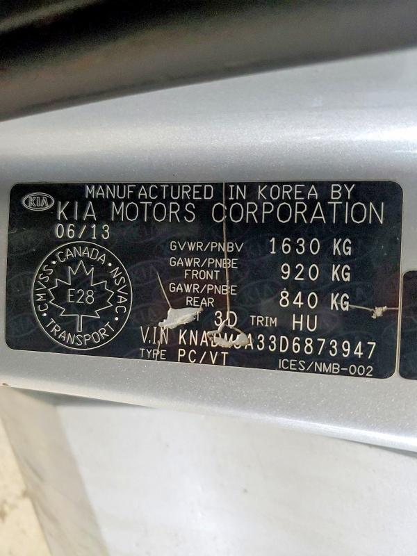 49636256 :رقم المزاد ، KNADM5A33D6873947 vin ، 2013 Kia Rio مزاد بيع