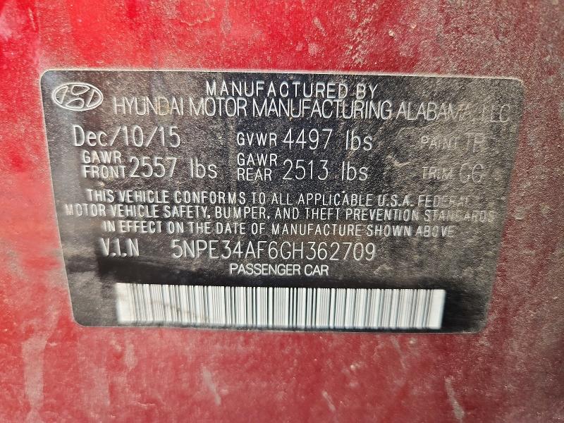 50895536 :رقم المزاد ، 5NPE34AF6GH362709 vin ، 2016 Hyundai Sonata مزاد بيع