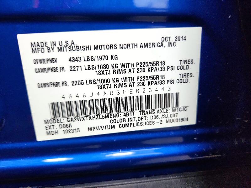 48457586 :رقم المزاد ، 4A4AJ4AU3FE603443 vin ، 2015 Mitsubishi Rvr مزاد بيع