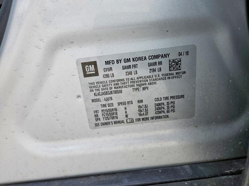 2018 Buick Encore მანქანა იყიდება აუქციონზე, vin: KL4CJASB3JB700559, აუქციონის ნომერი: 50640366