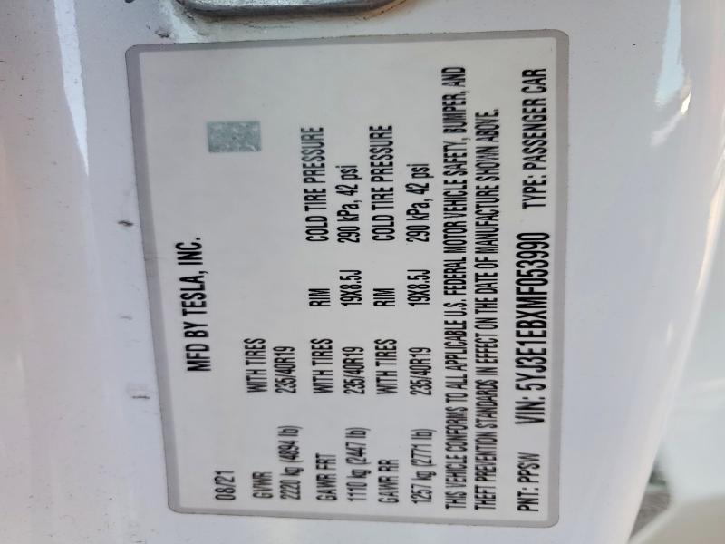 2021 Tesla Model 3 მანქანა იყიდება აუქციონზე, vin: 5YJ3E1EBXMF053990, აუქციონის ნომერი: 46779826