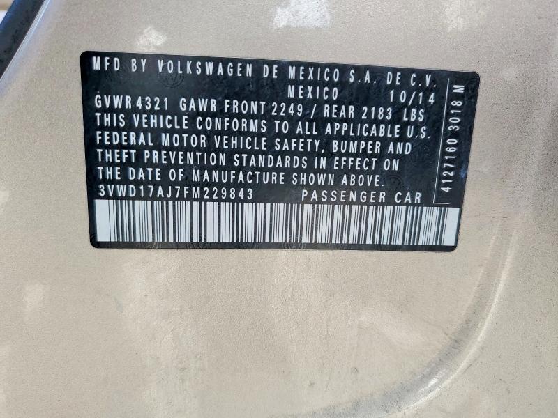 2015 Volkswagen Jetta მანქანა იყიდება აუქციონზე, vin: 3VWD17AJ7FM229843, აუქციონის ნომერი: 49444836