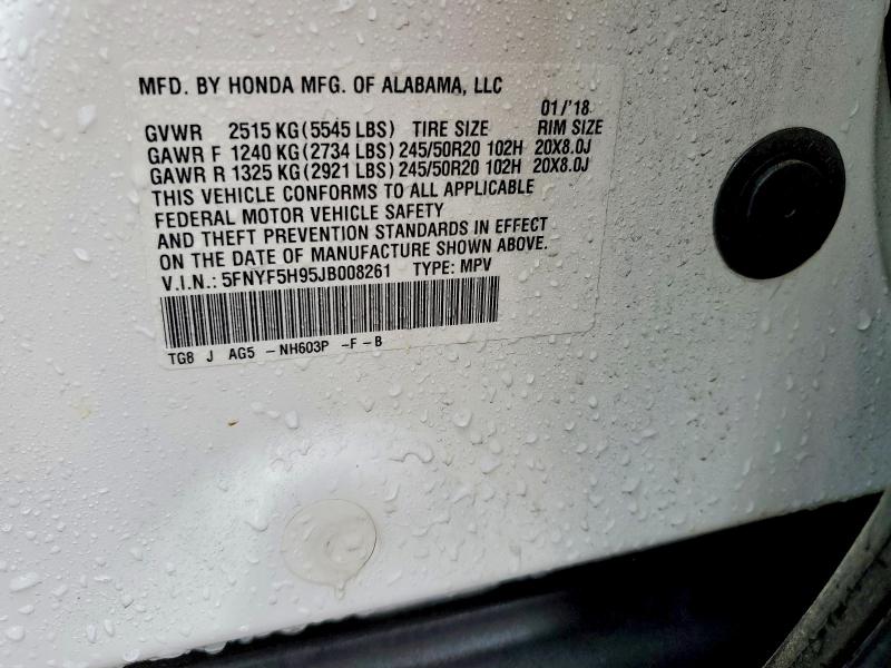 Продаж на аукціоні авто 2018 Honda Pilot, vin: 5FNYF5H95JB008261, номер лоту: 51406696