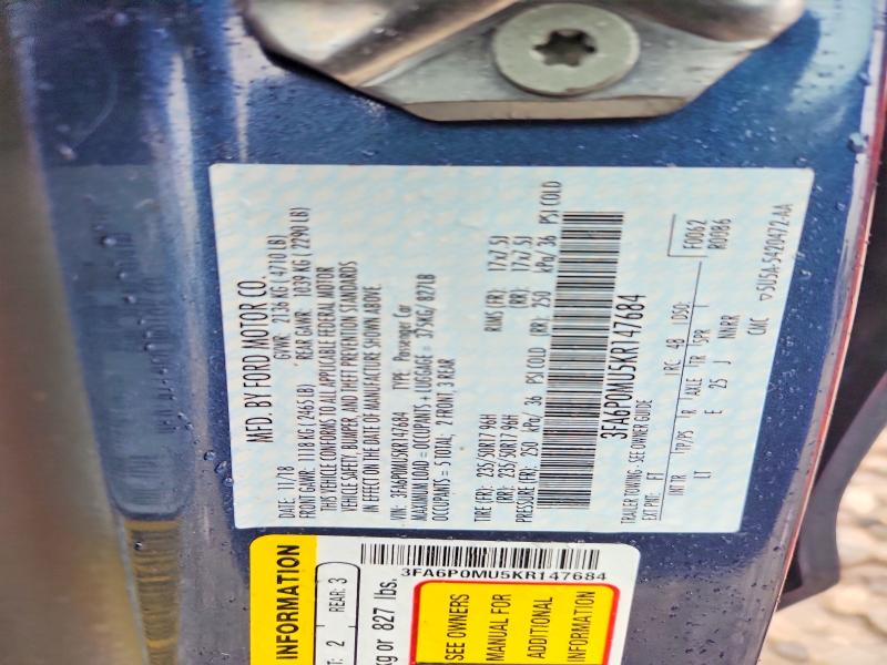 2019 Ford Fusion მანქანა იყიდება აუქციონზე, vin: 3FA6P0MU5KR147684, აუქციონის ნომერი: 51570396
