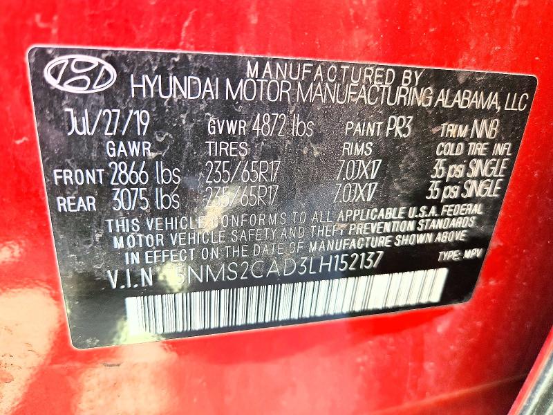 Aukcja sprzedaży 2020 Hyundai Santa Fe, vin: 5NMS2CAD3LH152137, numer aukcji: 51769246