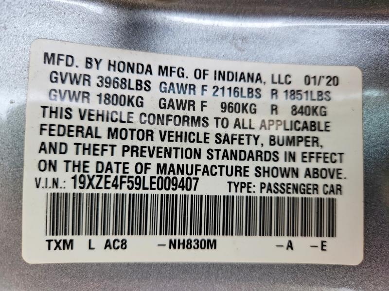 2020 Honda Insight მანქანა იყიდება აუქციონზე, vin: 19XZE4F59LE009407, აუქციონის ნომერი: 48584496