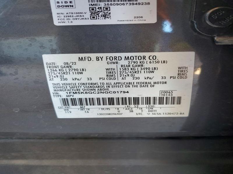 Продаж на аукціоні авто 2022 Ford Explorer, vin: 1FM5K8GC2NGC01794, номер лоту: 49597256