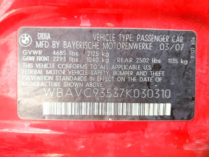 48516116 :رقم المزاد ، WBAVC93537K030310 vin ، 2007 Bmw 328 مزاد بيع