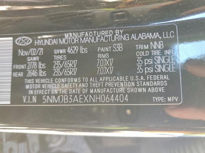 2022 Hyundai Tucson მანქანა იყიდება აუქციონზე, vin: 5NMJB3AEXNH064404, აუქციონის ნომერი: 49133366
