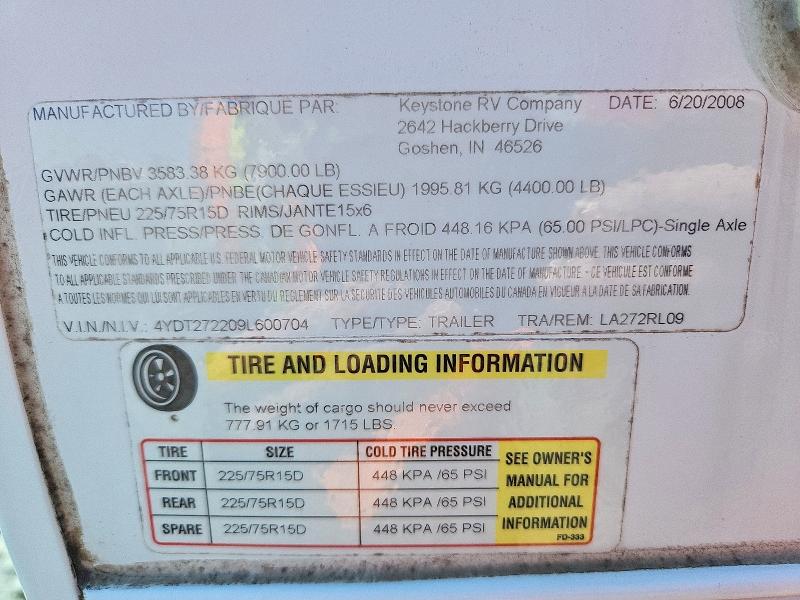 2009 Keystone Laredo მანქანა იყიდება აუქციონზე, vin: 4YDT272209L600704, აუქციონის ნომერი: 49736176