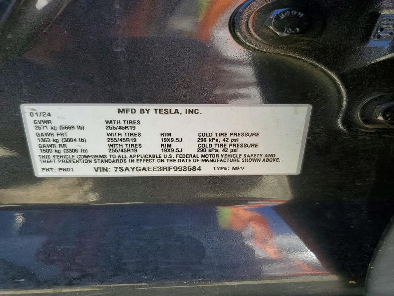 2024 Tesla Model Y მანქანა იყიდება აუქციონზე, vin: 7SAYGAEE3RF993584, აუქციონის ნომერი: 51889086