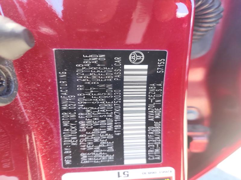 2019 Toyota Camry მანქანა იყიდება აუქციონზე, vin: 4T1B11HK7KU752030, აუქციონის ნომერი: 50981676