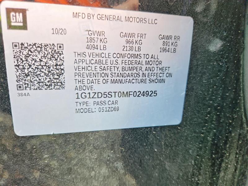 Aukcja sprzedaży 2021 Chevrolet Malibu, vin: 1G1ZD5ST0MF024925, numer aukcji: 48824486