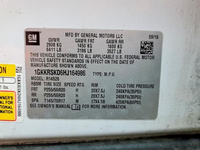 48416536 :رقم المزاد ، 1GKKRSKD6HJ164986 vin ، 2017 Gmc Acadia Limited مزاد بيع