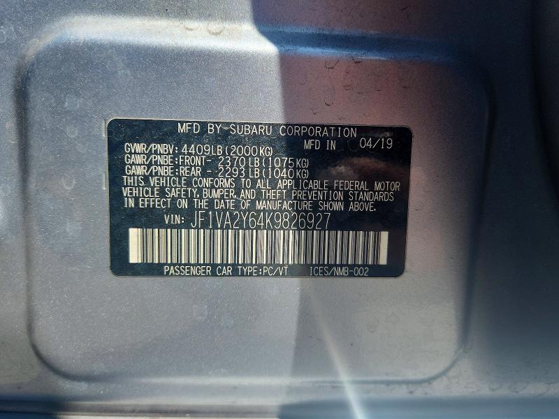 Aukcja sprzedaży 2019 Subaru Wrx, vin: JF1VA2Y64K9826927, numer aukcji: 50353496