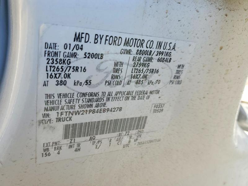 2004 Ford F250 მანქანა იყიდება აუქციონზე, vin: 1FTNW21P84EB94278, აუქციონის ნომერი: 50484076