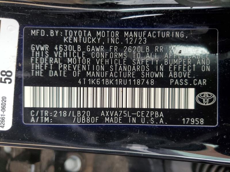 50502446 :رقم المزاد ، 4T1K61BK1RU118748 vin ، 2024 Toyota Camry مزاد بيع