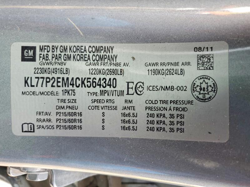 49284106 :رقم المزاد ، KL77P2EM4CK564340 vin ، 2012 Chevrolet Orlando مزاد بيع