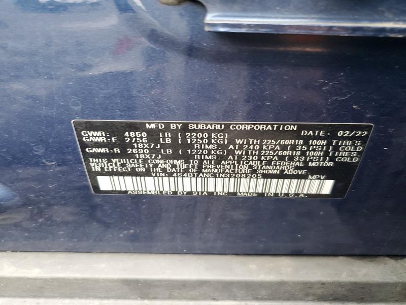 Aukcja sprzedaży 2022 Subaru Outback, vin: 4S4BTANC1N3208205, numer aukcji: 50313946