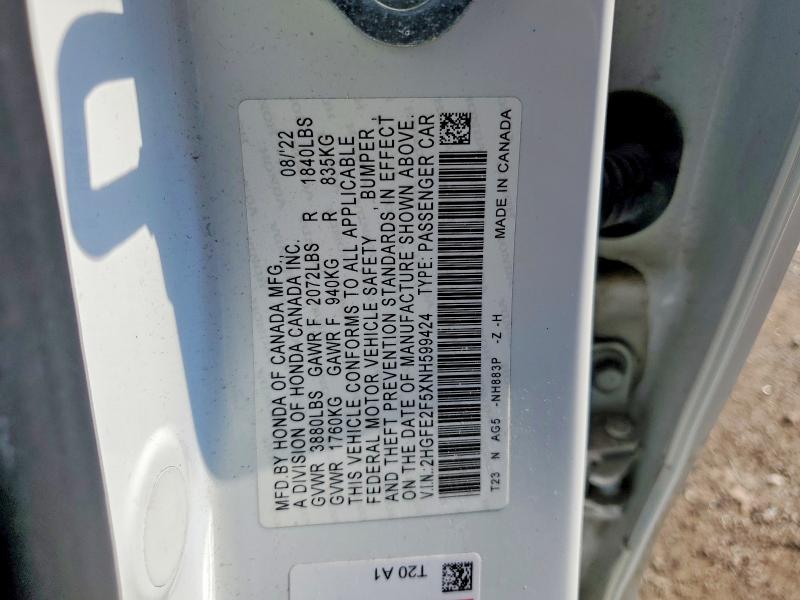 Продаж на аукціоні авто 2022 Honda Civic, vin: 2HGFE2F5XNH599424, номер лоту: 50897806
