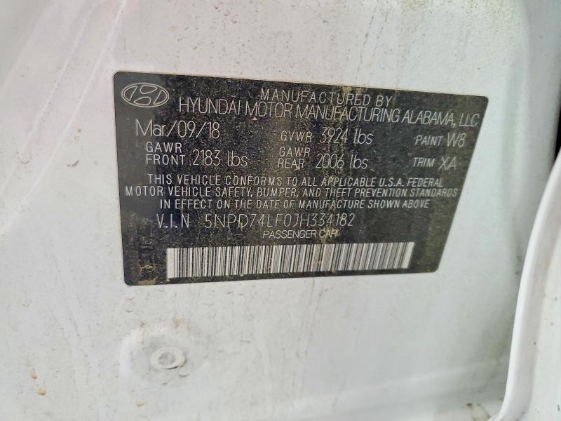 Продажа на аукционе авто 2018 Hyundai Elantra, vin: 5NPD74LF0JH334182, номер лота: 50296836